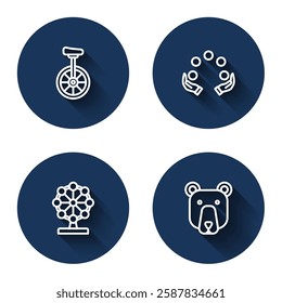 Set line Unicycle, Juggling ball, Ferris wheel and Bear head with long shadow. Blue circle button. Vector