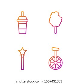 Set line Unicycle or one wheel bicycle, Magic wand, Paper glass with drinking straw and water and Cotton candy. Gradient color icons. Vector