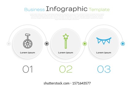 Set line Unicycle or one wheel bicycle, Magic wand and Carnival garland with flags. Business infographic template. Vector