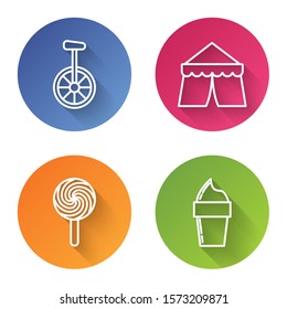 Set line Unicycle or one wheel bicycle, Circus tent, Lollipop and Ice cream in waffle cone. Color circle button. Vector