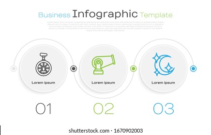 Fije la línea de monociclo o bicicleta de una rueda, cañón y luna y estrellas. Plantilla de infografía empresarial. Vector