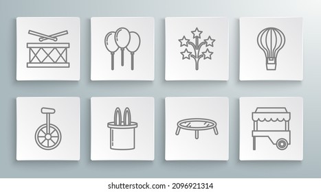 Set line Unicycle or one wheel bicycle, Magician hat and rabbit ears, Jumping trampoline, Fast street food cart awning, Fireworks, Hot air balloon and Drum drum sticks icon. Vector