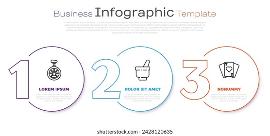 Set line Unicycle or one wheel bicycle, Magic mortar and pestle and Playing cards. Business infographic template. Vector