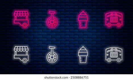 Set line Unicycle or one wheel bicycle, Ice cream, Fast street food cart and Circus wagon. Glowing neon icon on brick wall. Vector