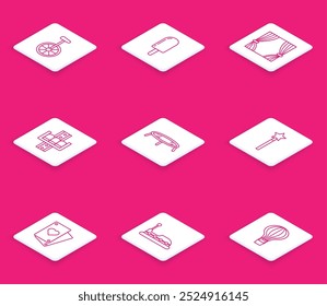 Set line Unicycle or one wheel bicycle, Ice cream, Curtain, Attraction carousel, Jumping trampoline, Magic wand, Playing card and Bumper icon. Vector