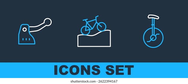 Set line Unicycle or one wheel bicycle, Bicycle brake and Mountain icon. Vector