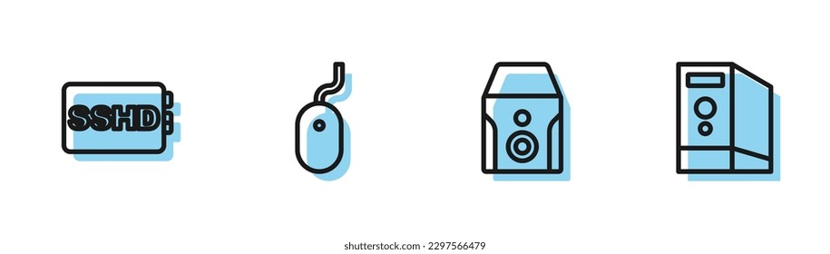 Set line Uninterruptible power supply, SSHD card, Computer mouse and Case of computer icon. Vector