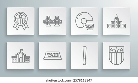 Set line United States Capitol Congress, Golden gate bridge, Taxi car roof, Baseball bat, Shield with stars, American football helmet, City landscape and Medal icon. Vector