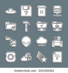 Set line Unknown document, Car rental, FTP folder download, Trash can, Hammer, directory, UFO flying spaceship and operation successful icon. Vector