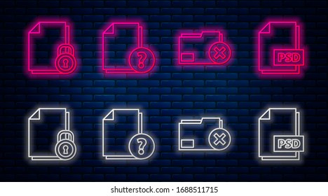 Set line Unknown document, Delete folder, Document and lock and PSD file document. Glowing neon icon on brick wall. Vector