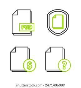 Set line Unknown document, Finance, Document protection concept and PSD file icon. Vector