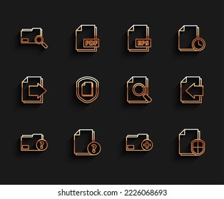 Set line Unknown document folder, Search concept with, Add new, Document protection, Next page arrow and search icon. Vector