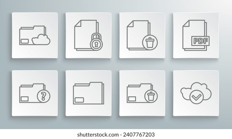 Set line Unknown document folder, Document and lock, Delete, Cloud with check mark, file, PDF and storage text icon. Vector