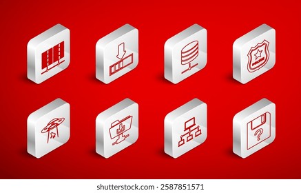 Set line Unknown document, Loading, Server, Data, Web Hosting, Police badge, Computer network, FTP folder download and UFO abducts cow icon. Vector