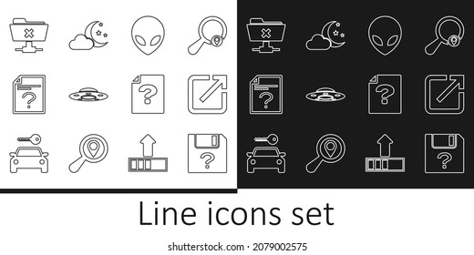 Set line Unknown document, Open in new window, Alien, UFO flying spaceship, FTP cancel operation,  and Cloud with moon and stars icon. Vector