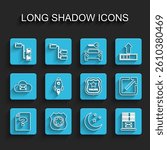 Set line Unknown document, Police badge, Folder tree, Moon and stars, Mail server, Rocket ship with fire, Open in new window and  icon. Vector