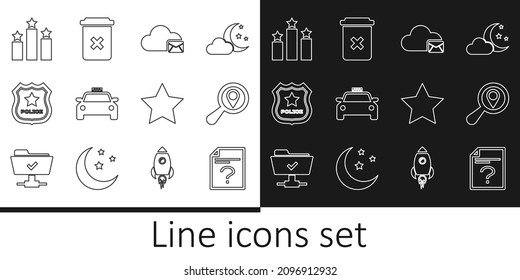 Set line Unknown document, Search location, Cloud mail server, Taxi car, Police badge, Ranking star, Star and Trash can icon. Vector