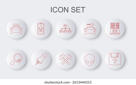 Set line Unknown document, Search location, Folder tree, Alien, Car wash, Mobile recording, Rocket ship with fire and Two crossed hammers icon. Vector