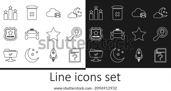 Set line Unknown document, Search location, Cloud\
mail server, Taxi car, Police badge, Ranking star, Star and Trash\
can icon. Vector