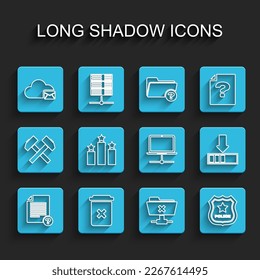 Set line Unknown document, Trash can, Cloud mail server, FTP cancel operation, Police badge, Ranking star, Loading and Computer network icon. Vector