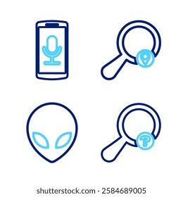 Set line Unknown search, Alien, Search location and Mobile recording icon. Vector