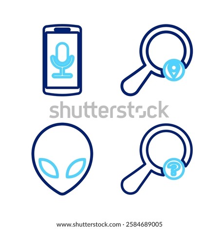 Set line Unknown search, Alien, Search location and Mobile recording icon. Vector