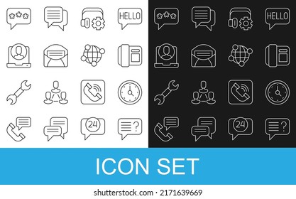 Set line Unknown search, Clock, Telephone handset, Headphoneswith settings, Mail e-mail, 24 hours support, Speech bubble chat and Global technology icon. Vector