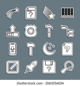 Set line Unknown search, document, Folder tree, Falling star, Police badge, Loading,  and Hammer icon. Vector