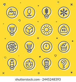 Set line Unknown search, Hand wash laundry, Weight, Gluten free grain, Carton cardboard box, Delicate, Factory production and Sun icon. Vector