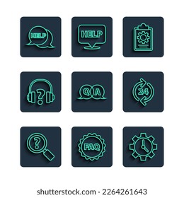 Set line Unknown search, Label with text FAQ, Time Management, Checklist 24 hours service, Question and Answer, Headphones, Speech bubble Help and Telephone support icon. Vector