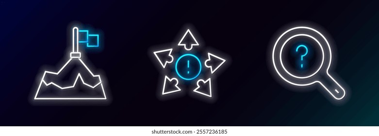 Set line Unknown search, Mountains with flag and Many ways directional arrow icon. Glowing neon. Vector