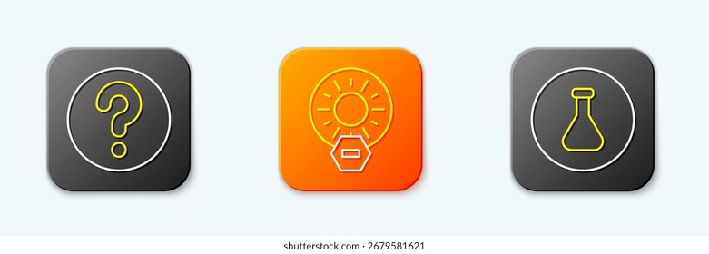 Definir linha Pesquisa desconhecida, Sem luz solar direta e Tubo de ensaio e ícone de balão. Vetor