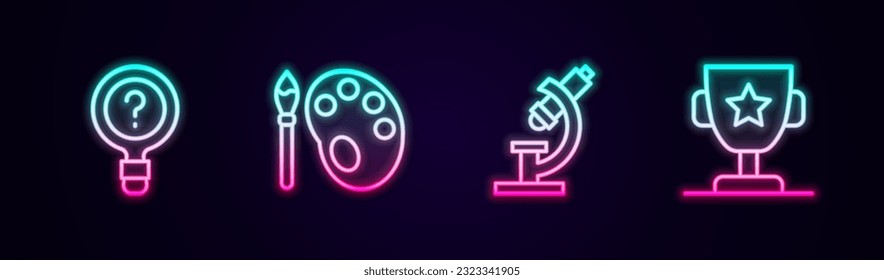 Set line Unknown search, Paint brush with palette, Microscope and Award cup. Glowing neon icon. Vector