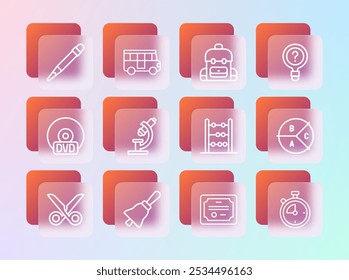 Set line Pesquisa desconhecida, Toque sino, Abacus, Modelo de certificado, Microscópio, Mochila escola, Lápis com borracha e ícone de ônibus. Vetor