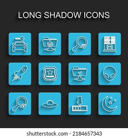 Set line Unknown search, UFO flying spaceship, Car rental, Loading, Moon and stars, Police badge, Alien and FTP operation successful icon. Vector