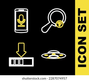 Set line Unknown search, UFO flying spaceship, Loading and Mobile recording icon. Vector