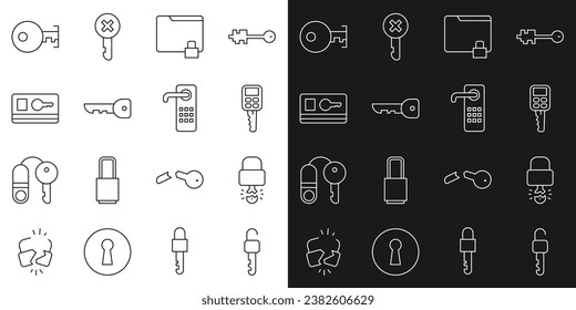 Fijar la llave desbloqueada de la línea, la llave rota dentro del candado, el coche con mando a distancia, la carpeta y, la tarjeta, y el icono de la puerta digital. Vector