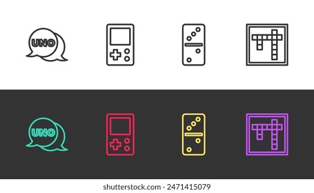 Set line Uno card game, Tetris, Domino and Bingo on black and white. Vector