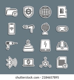 Set line Upload file, Download inbox, Gamepad, Earth globe, Hair dryer, Smartphone with wireless, arrow folder and  icon. Vector