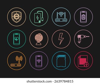 Set line Upload file, Drill machine, Router and wi-fi, Earth globe, Smartphone with heart rate, UV protection, Lightning bolt and Power bank icon. Vector
