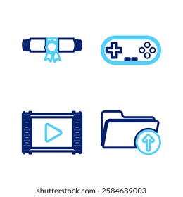 Set line Upload file, Movie clapper, Gamepad and Diploma rolled scroll icon. Vector