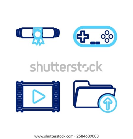 Set line Upload file, Movie clapper, Gamepad and Diploma rolled scroll icon. Vector