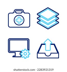 Set line Upload inbox, Computer monitor and gear, Layers and First aid kit icon. Vector