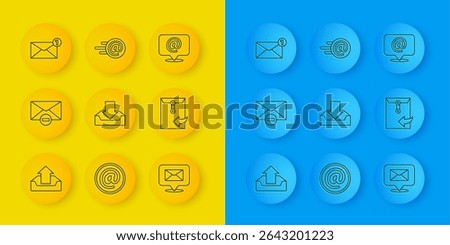 Set line Upload inbox, Delete envelope, Download, Speech bubble with, Envelope, Mail and e-mail on speech and  icon. Vector