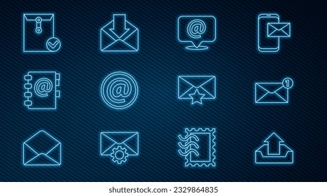 Set line Upload inbox, Envelope, Mail and e-mail on speech bubble, Address book, check mark, with star and  icon. Vector