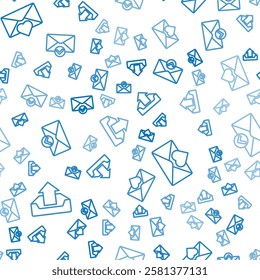 Set line Upload inbox, Envelope with Valentine heart and Envelope and check mark on seamless pattern. Vector