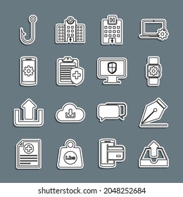 Set line Upload inbox, Fountain pen nib, Smartwatch setting, Medical hospital building, Clipboard with medical insurance, Setting on smartphone, Fishing hook and Monitor and shield icon. Vector