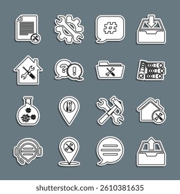 Set line Upload inbox, House service, Office folders, Hashtag speech bubble, Question and Exclamation, File document and Folder icon. Vector