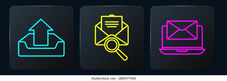 Set line Upload inbox, Laptop with envelope and Envelope with magnifying glass. Black square button. Vector