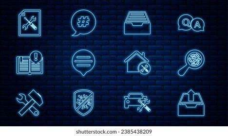 Set line Upload inbox, Microorganisms under magnifier, Drawer with documents, Speech bubble chat, Interesting facts, File service, House and Hashtag speech icon. Vector